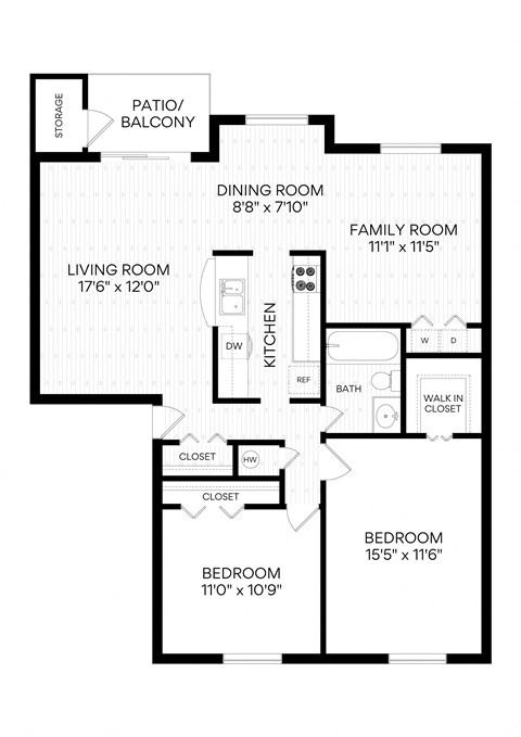 Floor plan for 2 beds, 1 bath, 1005 sqft